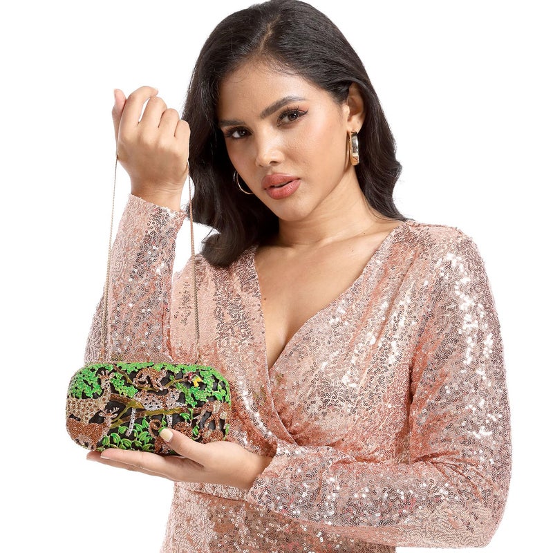 Boutique De FGG حقيبة كلتش كريستالية خضراء من حيوانات الغابة للنساء، حقائب رسمية لسهرة، حقائب يد مرصعة بالأحجار الكريمة - Image 3