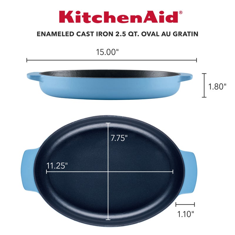 KitchenAid Enameled Cast Iron Au Gratin Oval Roasting Pan, 2.5 Quart, Blue Velvet - Image 2