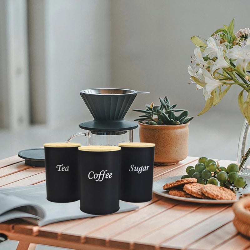 Tazweeq Coffee Tea Sugar Container Set, Set of 3 Airtight Metal Canister with Bamboo Lids, Farmhouse Kitchen Counter Organizer for Coffee Bar and Drink Station (Black) - Image 2
