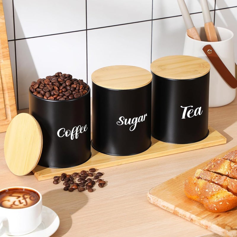 Tazweeq Coffee Tea Sugar Container Set, Set of 3 Airtight Metal Canister with Bamboo Lids, Farmhouse Kitchen Counter Organizer for Coffee Bar and Drink Station (Black) - Image 4