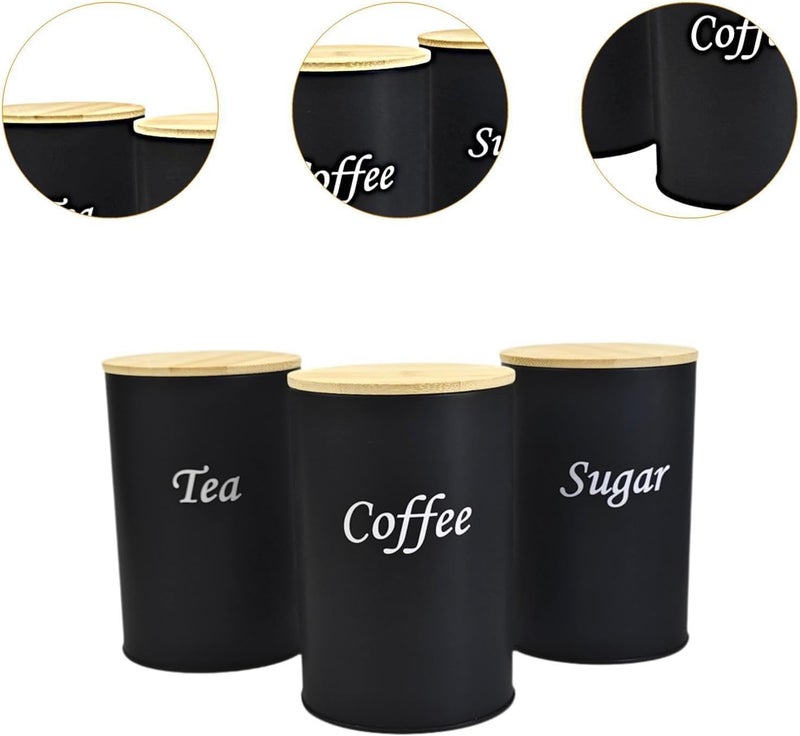 Tazweeq Coffee Tea Sugar Container Set, Set of 3 Airtight Metal Canister with Bamboo Lids, Farmhouse Kitchen Counter Organizer for Coffee Bar and Drink Station (Black) - Image 5