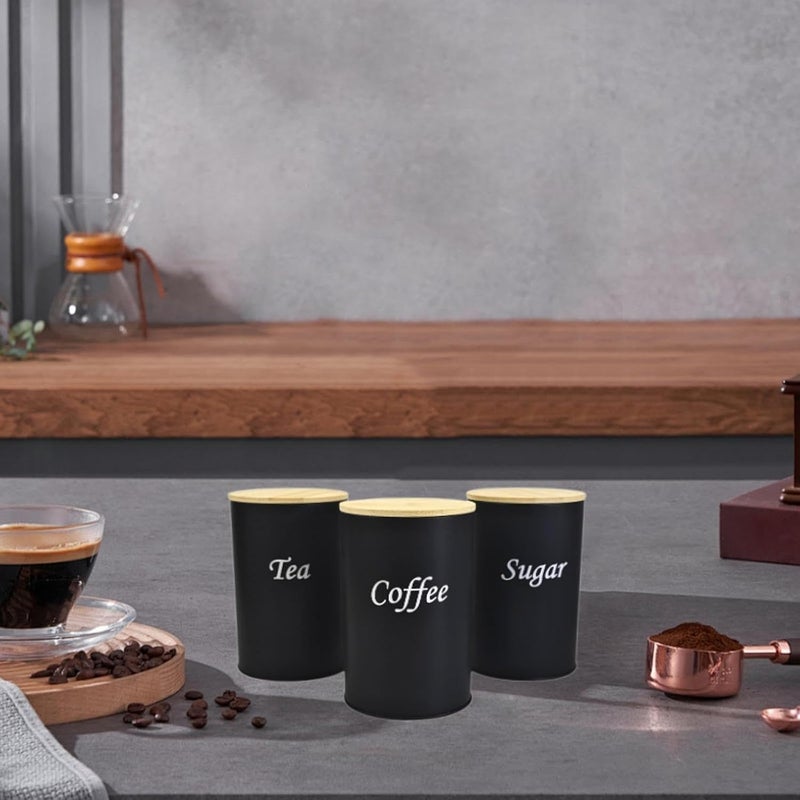 Tazweeq Coffee Tea Sugar Container Set, Set of 3 Airtight Metal Canister with Bamboo Lids, Farmhouse Kitchen Counter Organizer for Coffee Bar and Drink Station (Black) - Image 3