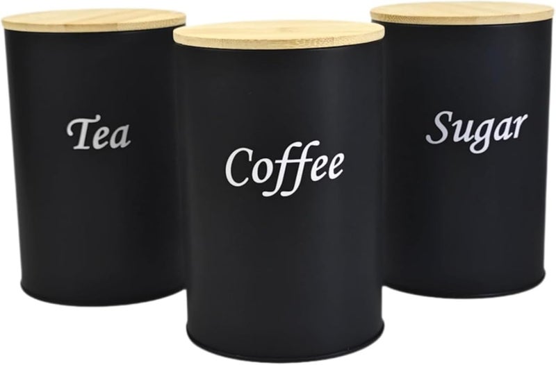 Tazweeq Coffee Tea Sugar Container Set, Set of 3 Airtight Metal Canister with Bamboo Lids, Farmhouse Kitchen Counter Organizer for Coffee Bar and Drink Station (Black) - Image 1