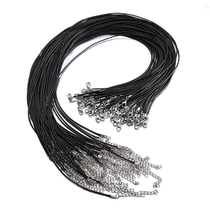 100 Pcs 24 15mm Black Waxed Necklace Cord String Bracelet Faux Leather Chain Clasp Bulk for Jewelry Making Supplies Accessories