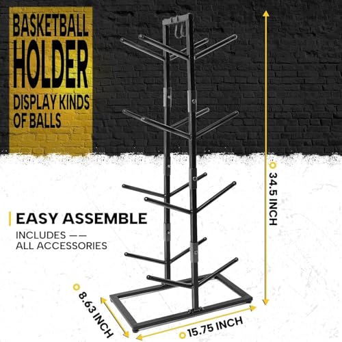 OGFC 57164 Space saving Basketball Holder for Boys Room Decor - 34.5 Tall Double Side Metal Ball Rack Display Stand for Basketball Football Volleyball Storage,Ball Holder Sports Decor - Image 3