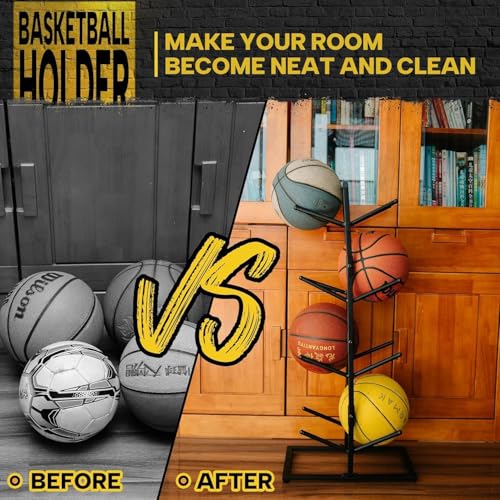 OGFC 57164 Space saving Basketball Holder for Boys Room Decor - 34.5 Tall Double Side Metal Ball Rack Display Stand for Basketball Football Volleyball Storage,Ball Holder Sports Decor - Image 5