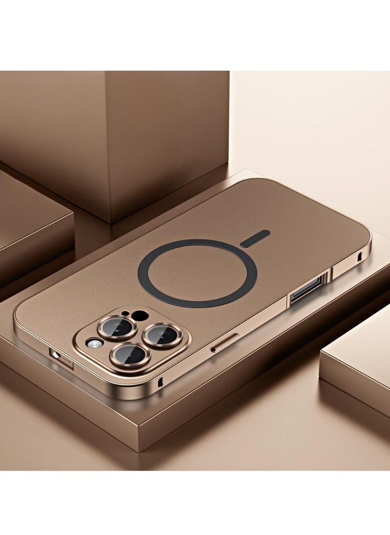 فَرَحُوم - جراب مغناطيسي لهاتف iPhone 16 Pro Max للنساء/الرجال، متوافق مع MagSafe، تصميم لامع معدني فاخر غير لامع مع واقي عدسة الكاميرا وقفل ميكانيكي، مصد معدني كامل الجسم مقاوم للصدمات، ذهبي صحراوي - Image 1