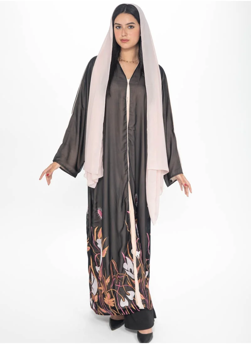 Aara Black Open Abaya with Floral Embroidery