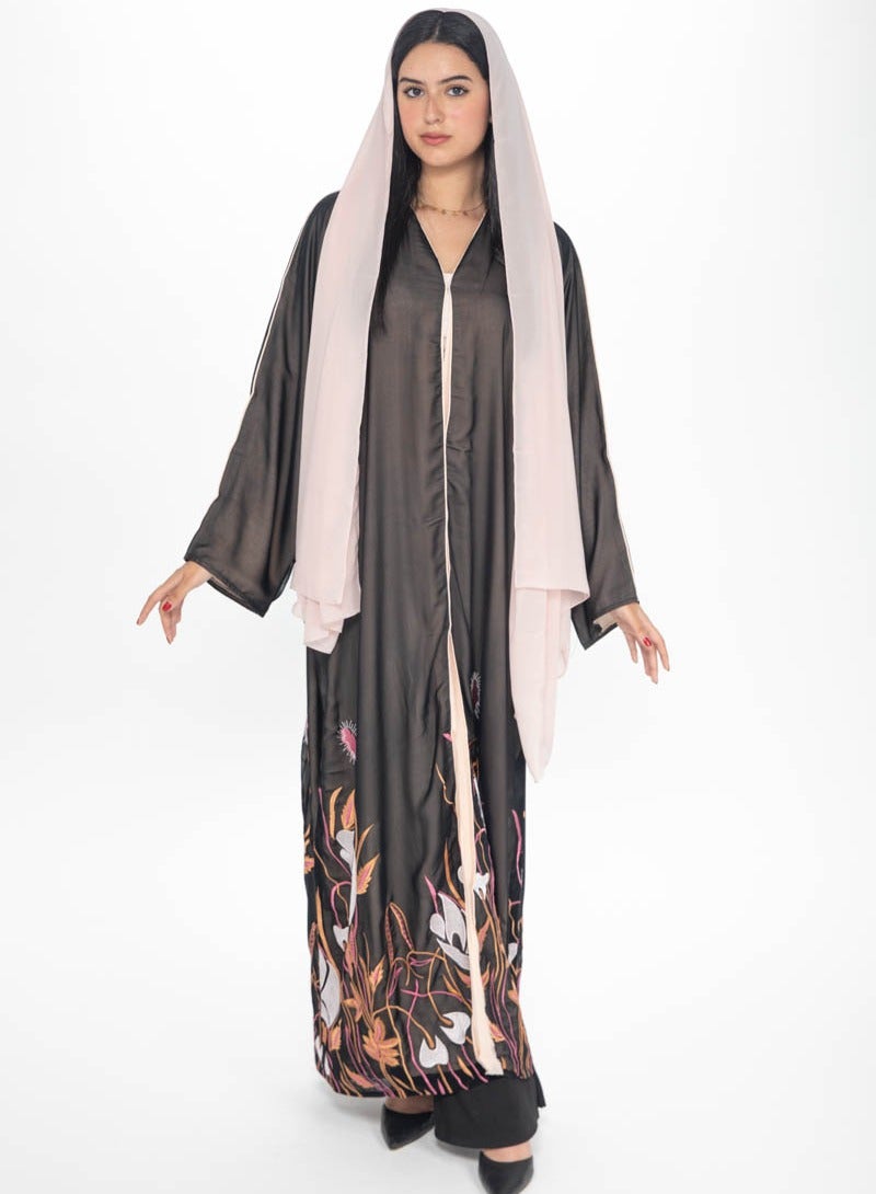 Aara Black Open Abaya with Floral Embroidery - Image 1