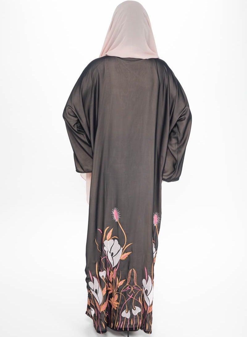 Aara Black Open Abaya with Floral Embroidery - Image 3