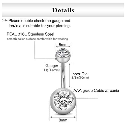 JFORYOU 5Pcs Belly Button Rings Stainless Steel 14G CZ Navel Rings Barbells Studs Women Body Piercing Jewelry Silver - Image 3