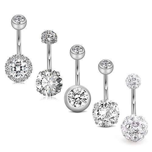 JFORYOU 5Pcs Belly Button Rings Stainless Steel 14G CZ Navel Rings Barbells Studs Women Body Piercing Jewelry Silver - Image 1