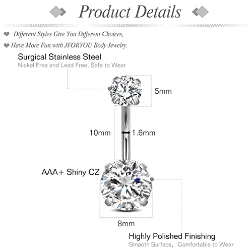 JFORYOU 5Pcs Belly Button Rings Stainless Steel 14G CZ Navel Rings Barbells Studs Women Body Piercing Jewelry Silver - Image 2