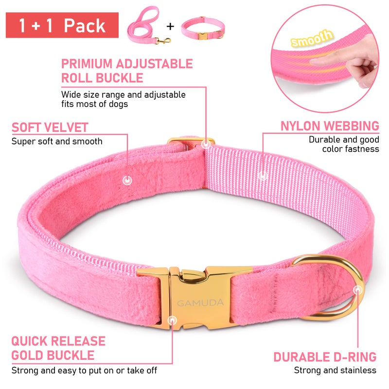 GAMUDA Velvet Dog Collar and Leash, Super Soft and Smooth, Heavy Duty Gold Buckle, Comfortable and Easy to Clean, Adjustable Collar for Dog (S, Pink) - Image 2