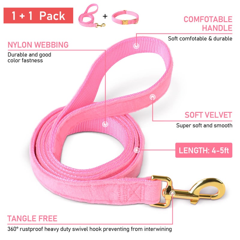 GAMUDA Velvet Dog Collar and Leash, Super Soft and Smooth, Heavy Duty Gold Buckle, Comfortable and Easy to Clean, Adjustable Collar for Dog (S, Pink) - Image 3