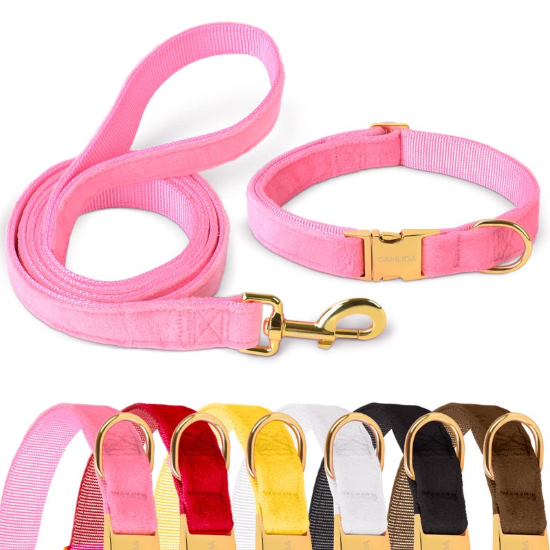 GAMUDA Velvet Dog Collar and Leash, Super Soft and Smooth, Heavy Duty Gold Buckle, Comfortable and Easy to Clean, Adjustable Collar for Dog (S, Pink) - Image 1