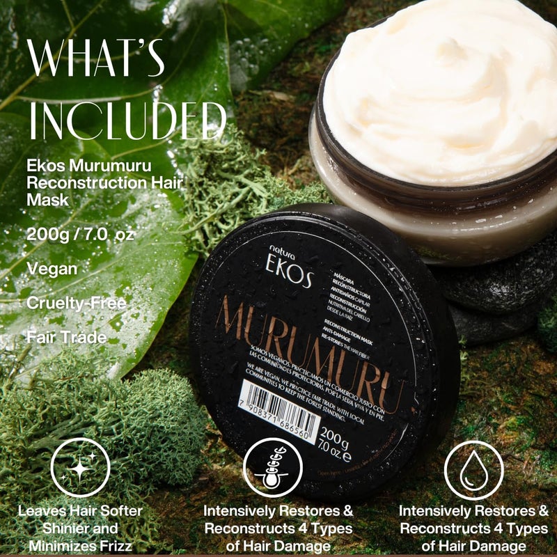 natura Ekos Murumuru Reconstruction Hair Mask - Reduce Breakage & Rebuild Hair Fiber - Intensely Repairs & Protects From Damage -Deep Hydration - Vegan & Cruelty-Free Hair Care - 200g - Image 3