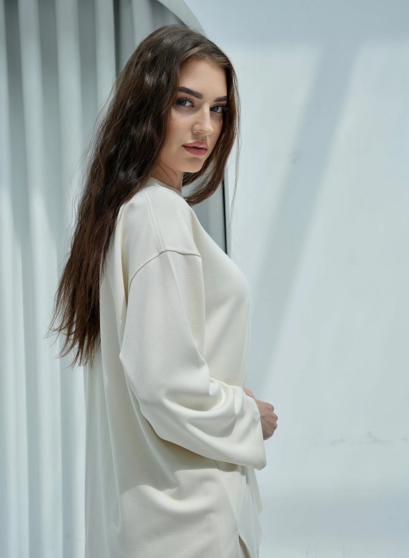Andy 6653 | Women's Premium Cotton Oversized Two-Piece Lounge Set – Relaxed Fit Top with Long Sleeves and Wide-Leg Pants | Off-White