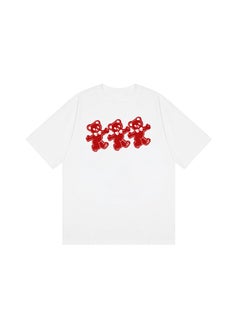 Summer 2023 Womens round Neck Short Sleeve T-shirt Pure Cotton Printed Casual Base Shirt Comfortable Loose Fit Anime Cartoon Design White# Three Little Bears