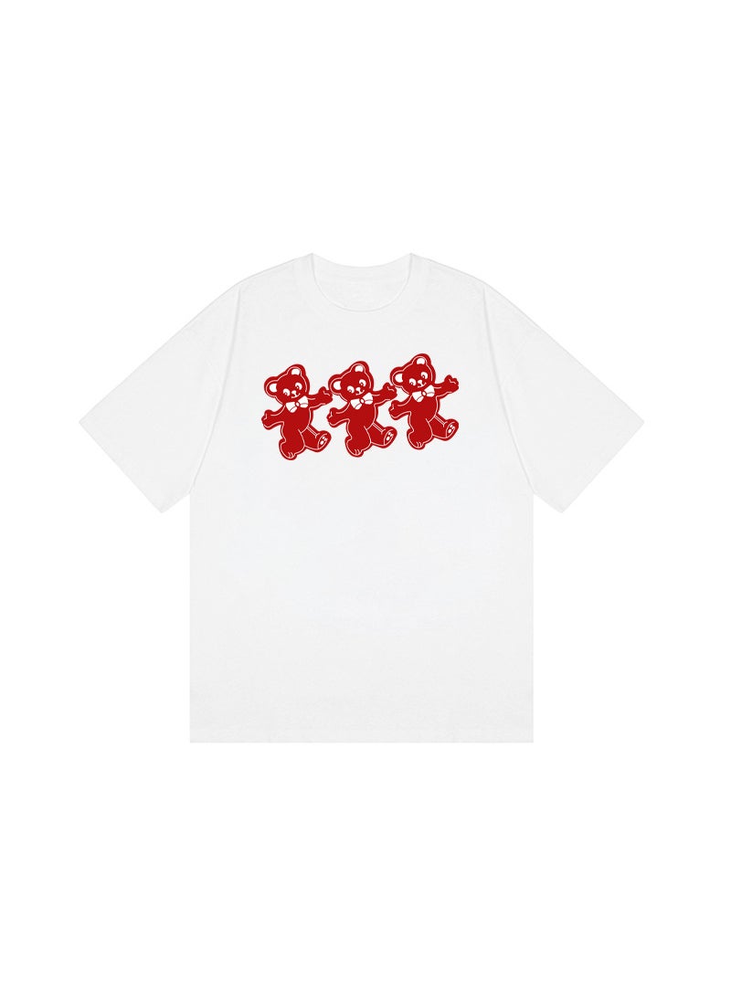 Generic - Summer 2023 Womens round Neck Short Sleeve T-shirt Pure Cotton Printed Casual Base Shirt Comfortable Loose Fit Anime Cartoon Design White# Three Little Bears - Image 1