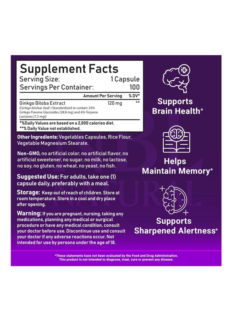 NBL Natural - Ginkgo Biloba Capsules 120mg, Memory Support Supplement, Supports Brain Function and Mental Alertness, 100 Capsules - Image 1