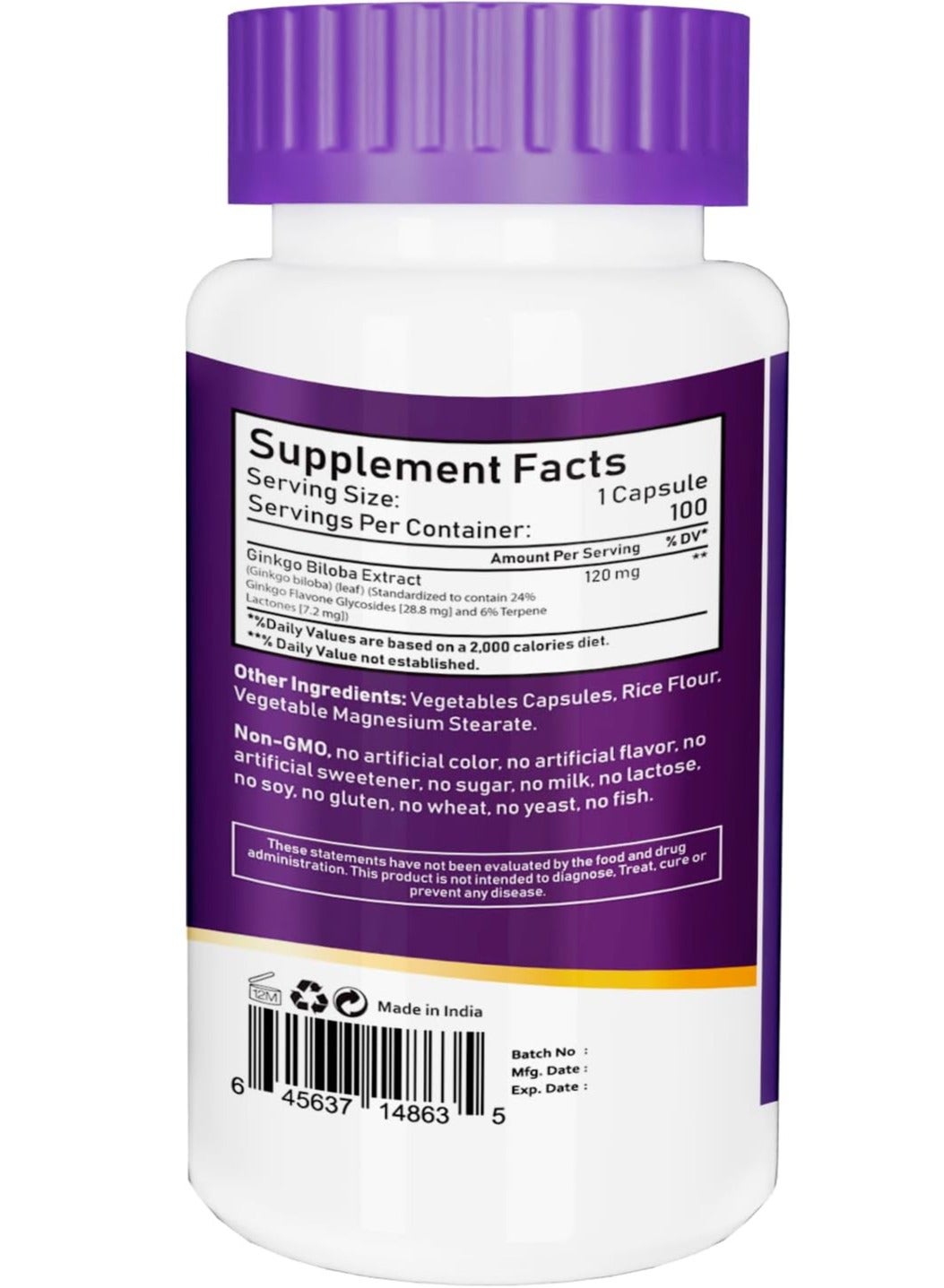 Nbl Natural Ginkgo Biloba Memory Support Supplement 120Mg Capsules 100'S