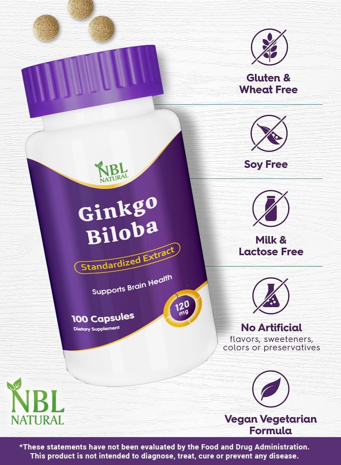 Nbl Natural Ginkgo Biloba Memory Support Supplement 120Mg Capsules 100'S