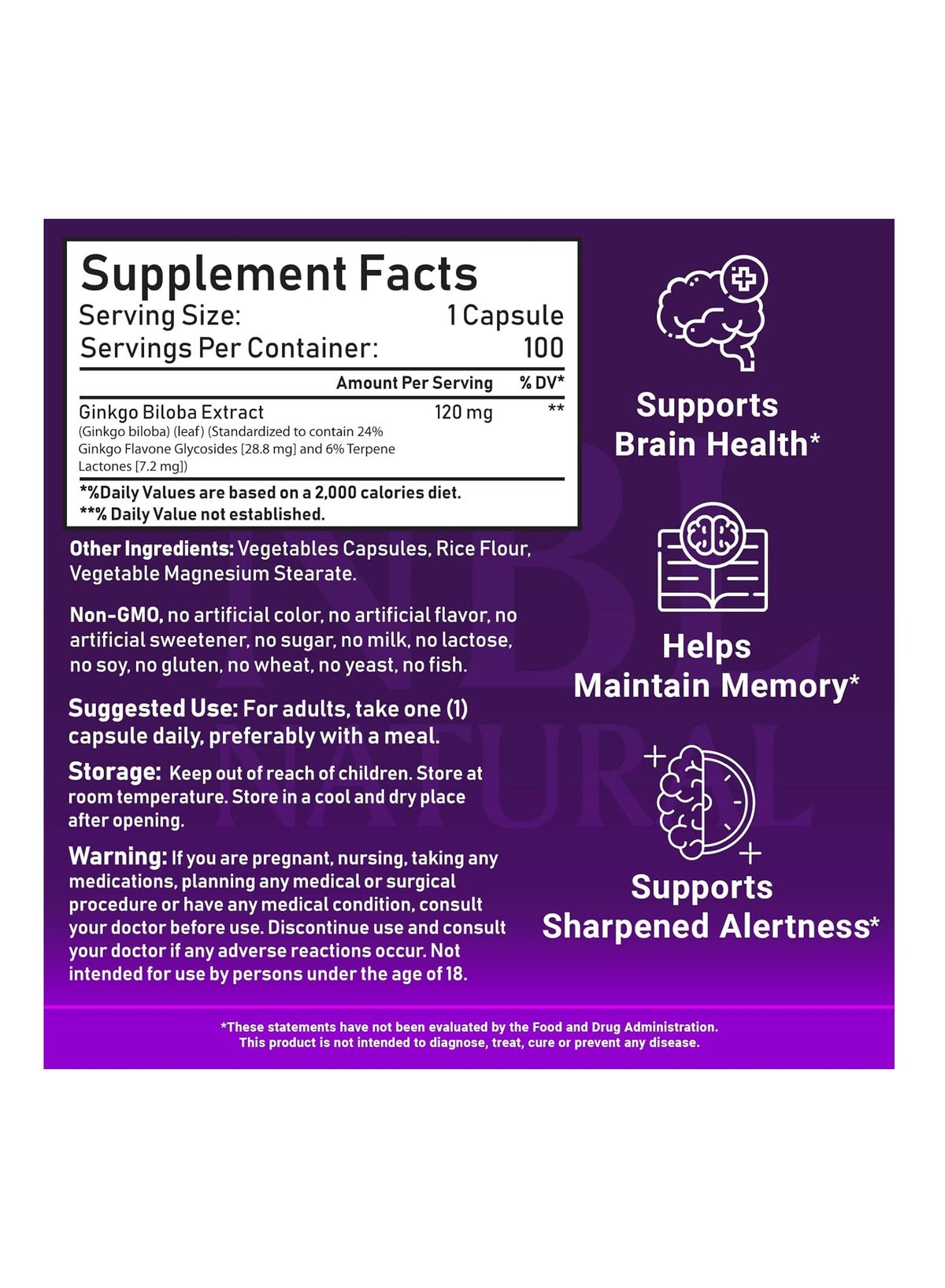 Nbl Natural Ginkgo Biloba Memory Support Supplement 120Mg Capsules 100'S