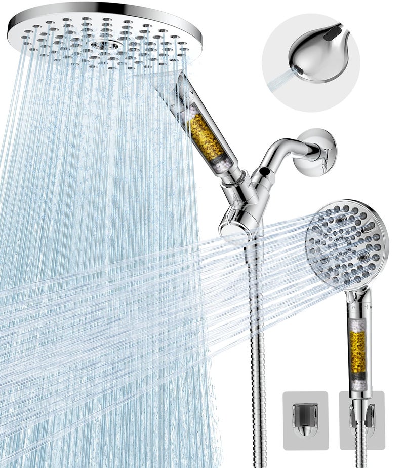 MakeFit Dual Filtered Shower Heads Combo, High Pressure Rain Shower Head with Handheld Spray Built-in Power Wash, Dual Handheld Shower Head for Hard Water, Remove Chlorine for Healthier Skin- Chrome - Image 1