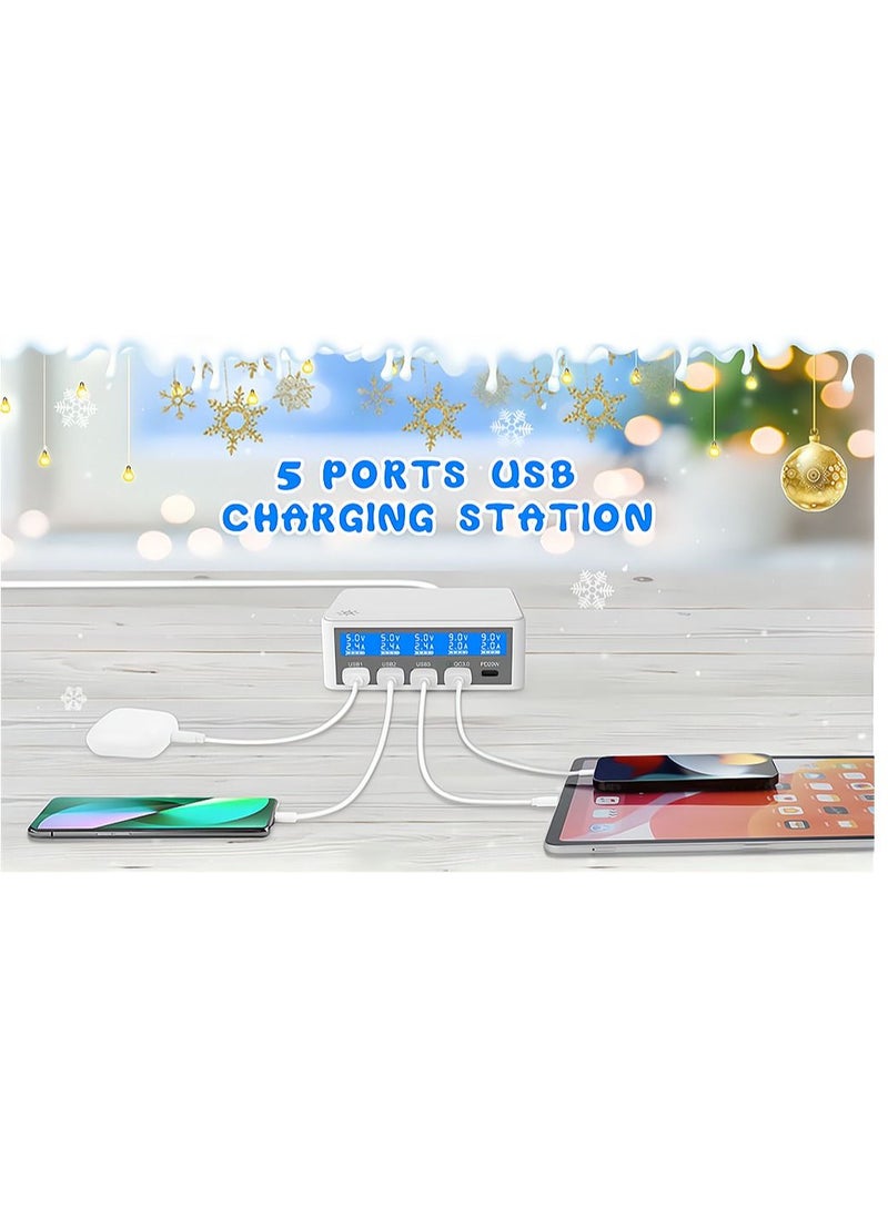 SYOSI Multiple USB Charger 65W 5-Port USB Charging Stations with LCD Display 20W PD+18W QC3.0 Fast Charger Multi-Port USB Hub Charger for Smart Phones Tablet Bluetooth Earbuds and More - Image 2