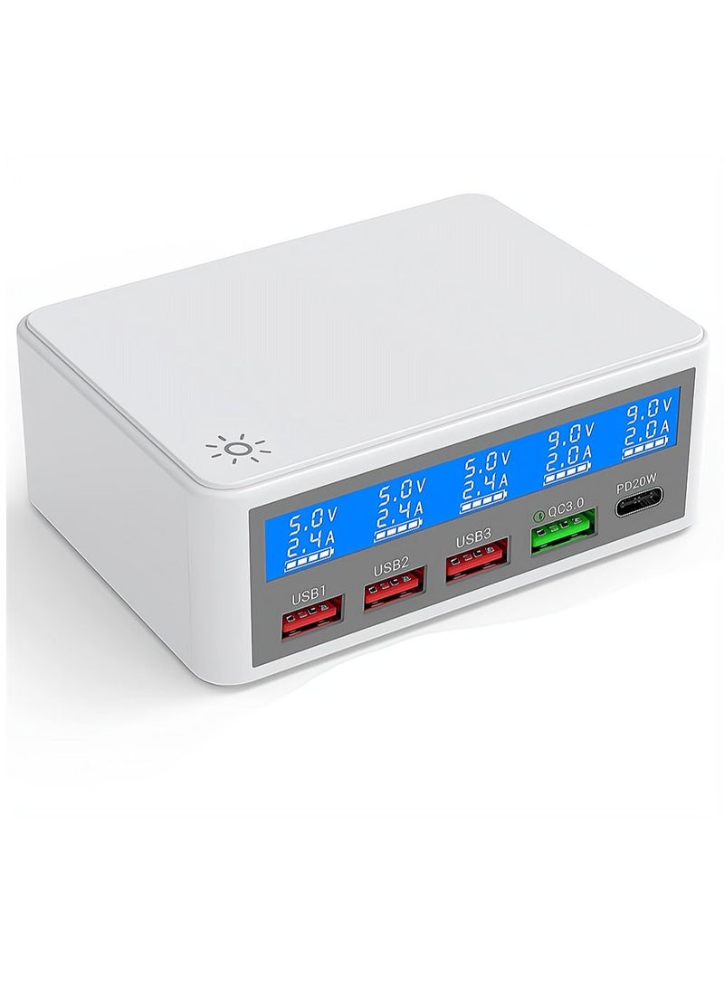 SYOSI Multiple USB Charger 65W 5-Port USB Charging Stations with LCD Display 20W PD+18W QC3.0 Fast Charger Multi-Port USB Hub Charger for Smart Phones Tablet Bluetooth Earbuds and More - Image 1