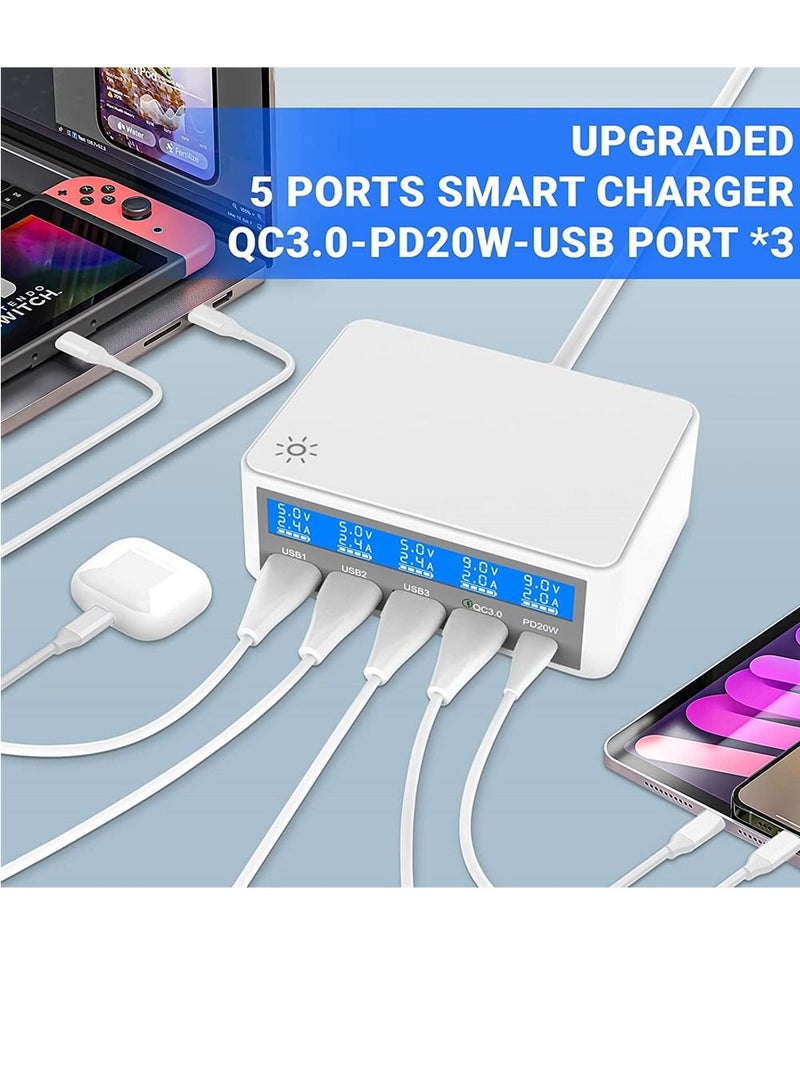 SYOSI Multiple USB Charger 65W 5-Port USB Charging Stations with LCD Display 20W PD+18W QC3.0 Fast Charger Multi-Port USB Hub Charger for Smart Phones Tablet Bluetooth Earbuds and More - Image 3