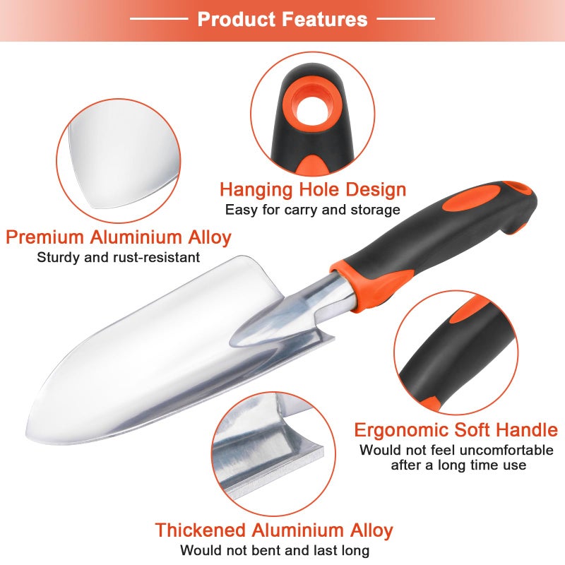 MECHEER Garden Shovel Garden Hand Trowel, Heavy Duty Hand Shovel with Ergonomic Handle, Small Gardening Tools for Digging, Rust Resistant Gardening Spade Trowel Tools, Orange - Image 3