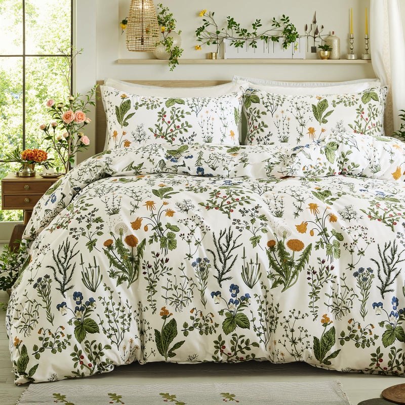 Cozaline Duvet Cover King Size 100 Cotton Reversible Floral King Duvet Cover Set with Zipper Closure 3 Pieces Soft Breathable Green Bedding Set for All Seasons - Image 2