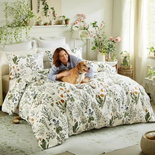 Cozaline Duvet Cover King Size 100 Cotton Reversible Floral King Duvet Cover Set with Zipper Closure 3 Pieces Soft Breathable Green Bedding Set for All Seasons - Image 3