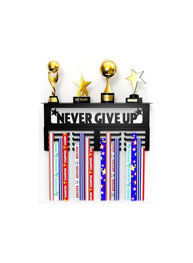 promass Medal Hanger Display, Holds 64 + Sports Medals Trophy Shelf, Metal Awards Rack for Walls, Our Never Give Up 16" Trophy and Medal Display Shelf, Black - Image 2