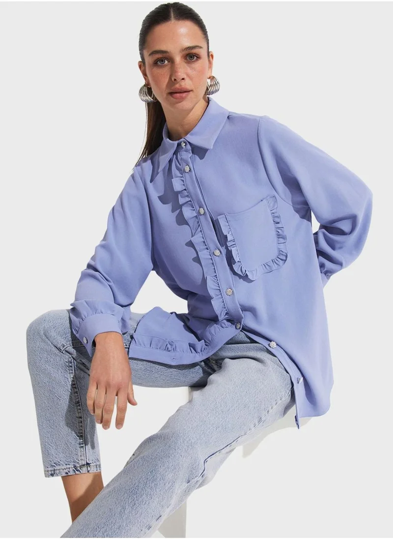 JUNE Ruffel Detail Button Down Shirt