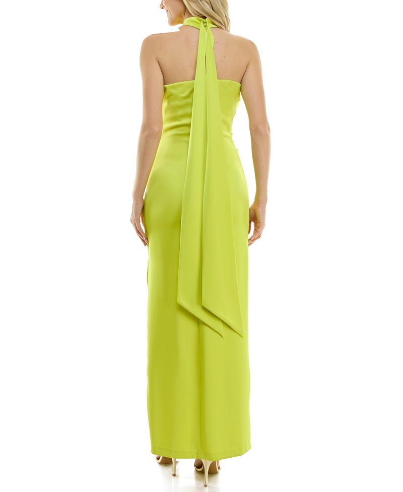 Taylor Women's Sleeveless One Shoulder Ruffle Neck Side Slit Gown with Back Sash, Lemon - Image 5