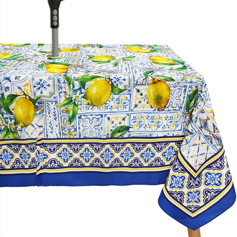 bnhjsdw Blue Outdoor Tablecloth with Umbrella Hole for Rectangle Table, Waterproof Lemon Patio Table Cloth with Zipper - 60 x 84 inches - Image 1