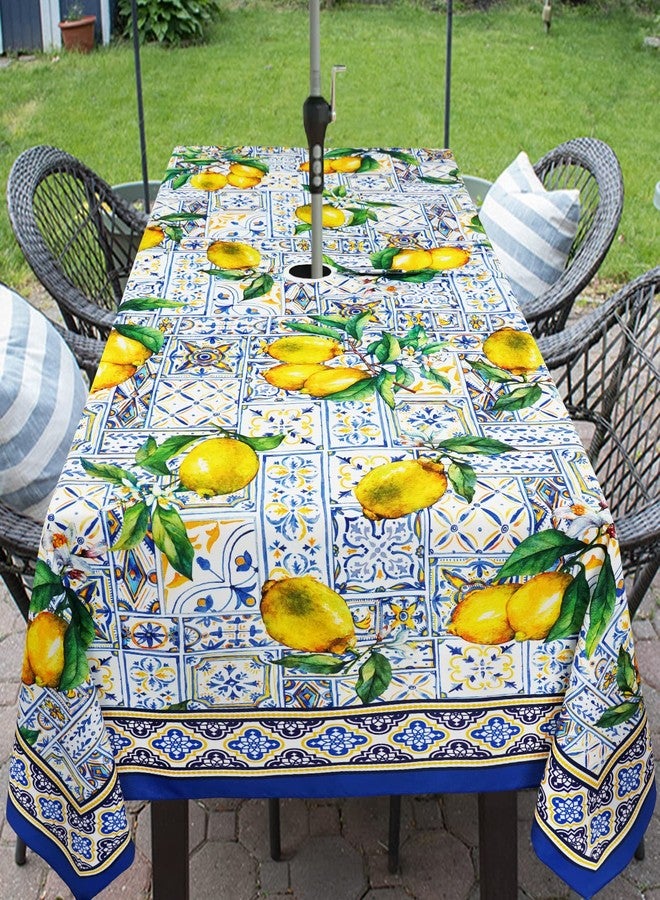 bnhjsdw Blue Outdoor Tablecloth with Umbrella Hole for Rectangle Table, Waterproof Lemon Patio Table Cloth with Zipper - 60 x 84 inches - Image 2