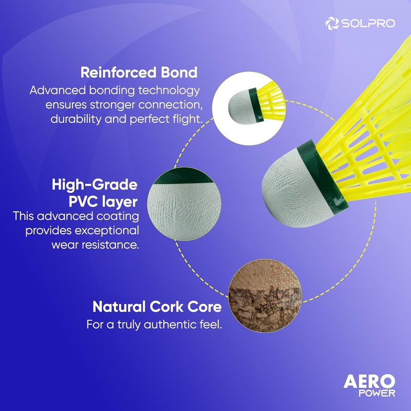 SOLPRO كرة الريشة نايلون أيرو باور | عبوة من 6 | كرة بطيئة متينة للتدريب والممارسة والألعاب الترفيهية، طيران مستقر وأداء طويل الأمد - Image 2