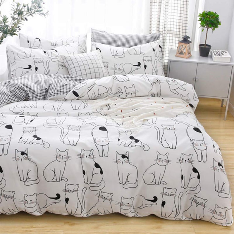 LAYENJOY Cats Duvet Cover Set Twin 100 Cotton Bedding Various Cartoon Cats Pattern Printed on White Reversible Black Plaid Cute Animal Comforter Cover for Kids Teens Boys Girls No Comforter