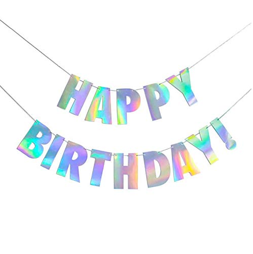 PreStrung Holographic Happy Birthday Banner  NO DIY  Iridescent White Hanging Bunting Garland Party Decorations