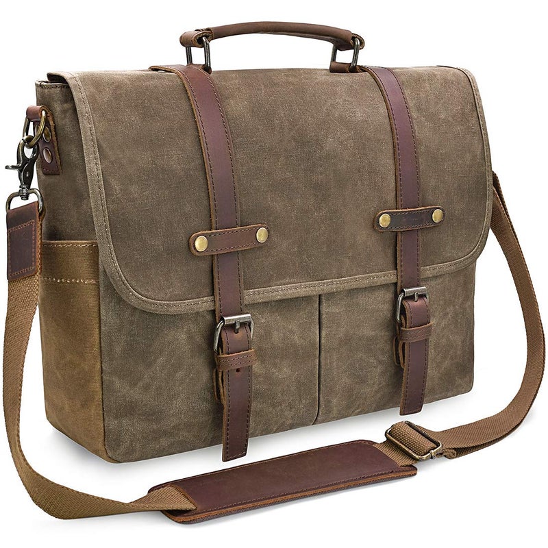 Mens Messenger Bag 156 Inch Waterproof Vintage Genuine Leather Waxed Canvas Briefcase Large Satchel Shoulder Bag Rugged Leather Computer Laptop Bag Khaki