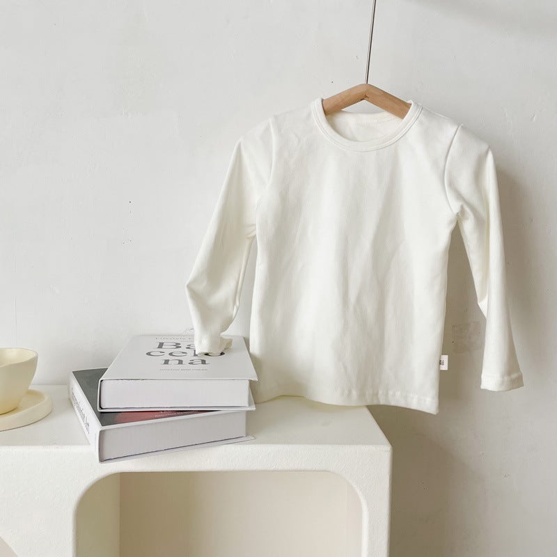 Children'S Cotton Base Shirt Sanding Boys' White T-Shirt Girls' Big Children'S Slim-Fit Long-Sleeved Inner One-Piece Autumn Clothes - Image 1