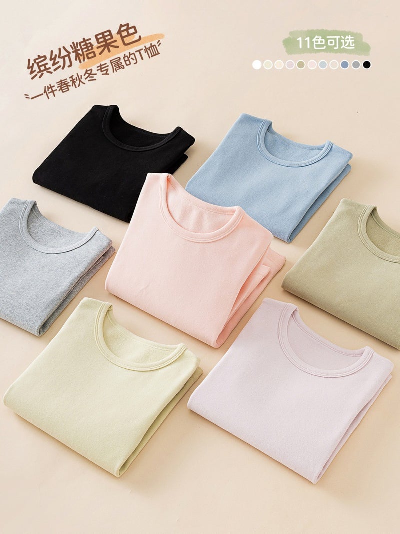 Children'S Cotton Base Shirt Sanding Boys' White T-Shirt Girls' Big Children'S Slim-Fit Long-Sleeved Inner One-Piece Autumn Clothes - Image 2