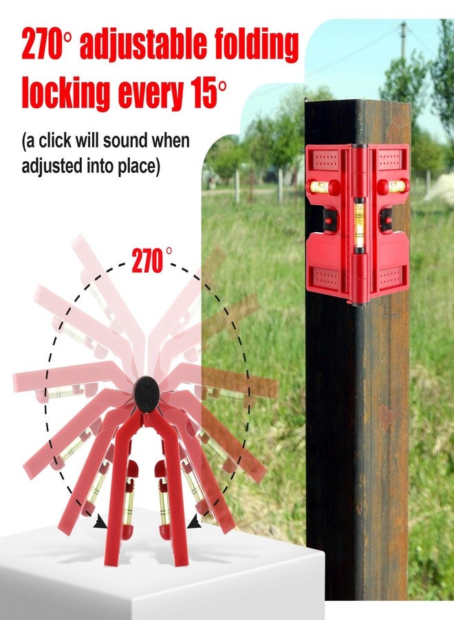 Enhon Adjustable Magnetic Post Level with 6 Hanging String Line Levels, Folding Post and Pipe Leveler for Metal and Non Metal Posts, Includes Elastic Strap for Hands Free Work, Red - Image 4