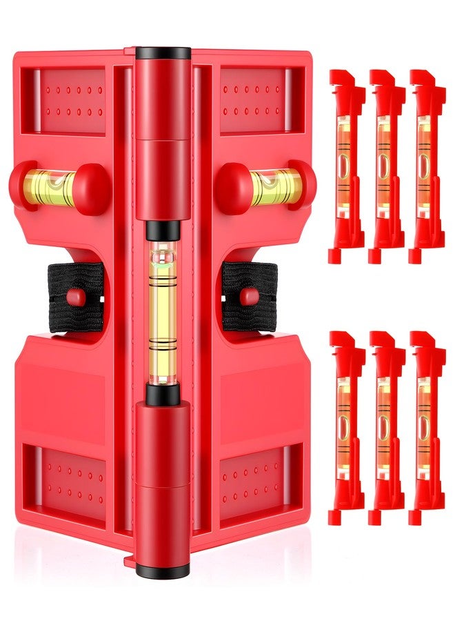 Enhon Adjustable Magnetic Post Level with 6 Hanging String Line Levels, Folding Post and Pipe Leveler for Metal and Non Metal Posts, Includes Elastic Strap for Hands Free Work, Red - Image 1