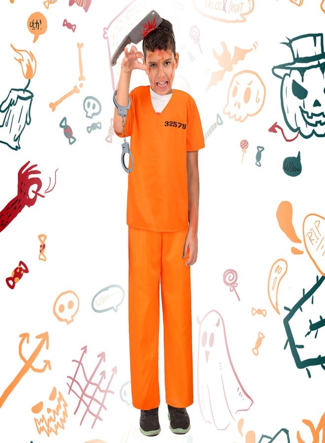 Poen Kids Prisoner Costume Halloween Set Orange Prisoner Jumpsuit with Handcuffs and ID Card for Boys Girls Children Cosplay(Large) - Image 5