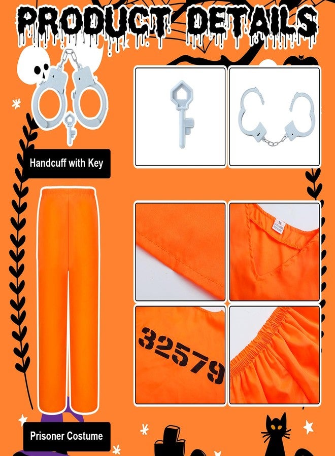 Poen Kids Prisoner Costume Halloween Set Orange Prisoner Jumpsuit with Handcuffs and ID Card for Boys Girls Children Cosplay(Large) - Image 3